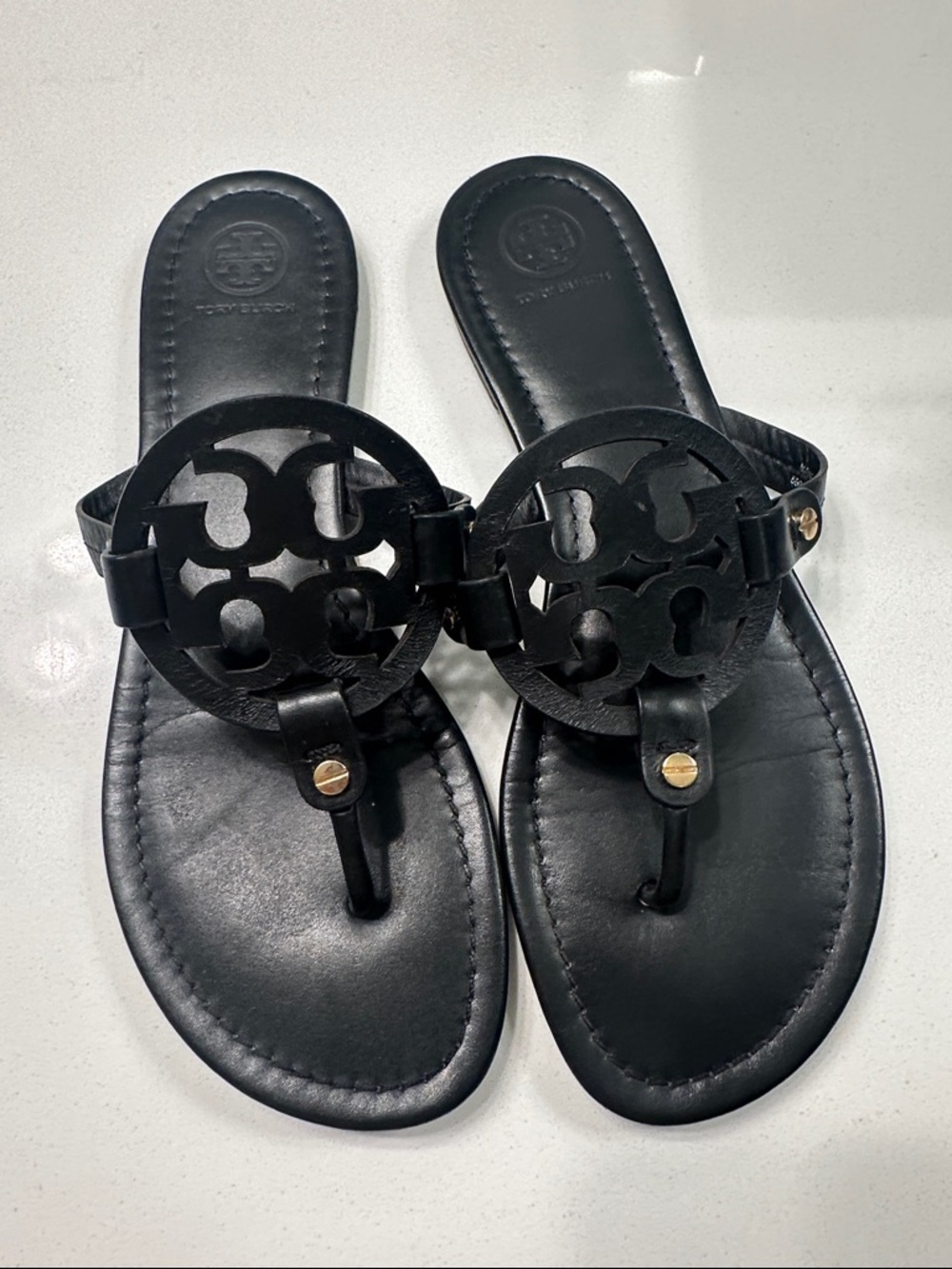 Tory Burch Black Leather Logo Thong Sandals with Gold Studs